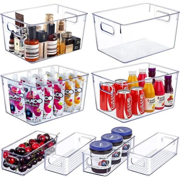 Set of 8 Clear Plastic Storage Bins, 4 Large and 4 Small Stackable Storage
